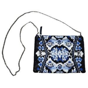 Chicos Floral Embroidered Purse Beaded Crossbody Bag Blue Black White 8x6